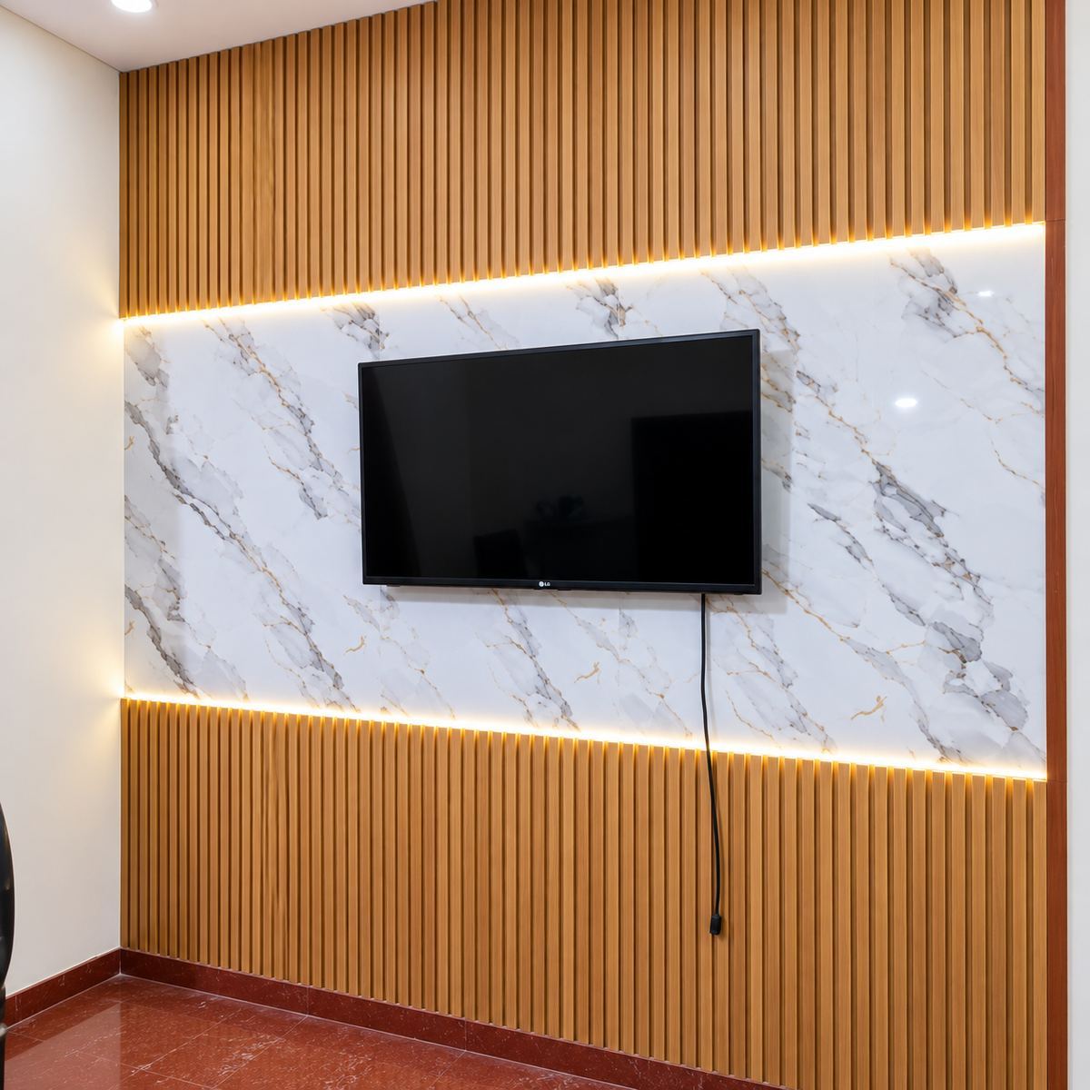 Fluted wood and marble feature wall detail