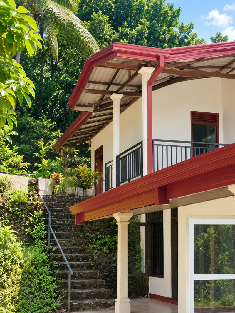 Two-storey house with red gutters and downpipe