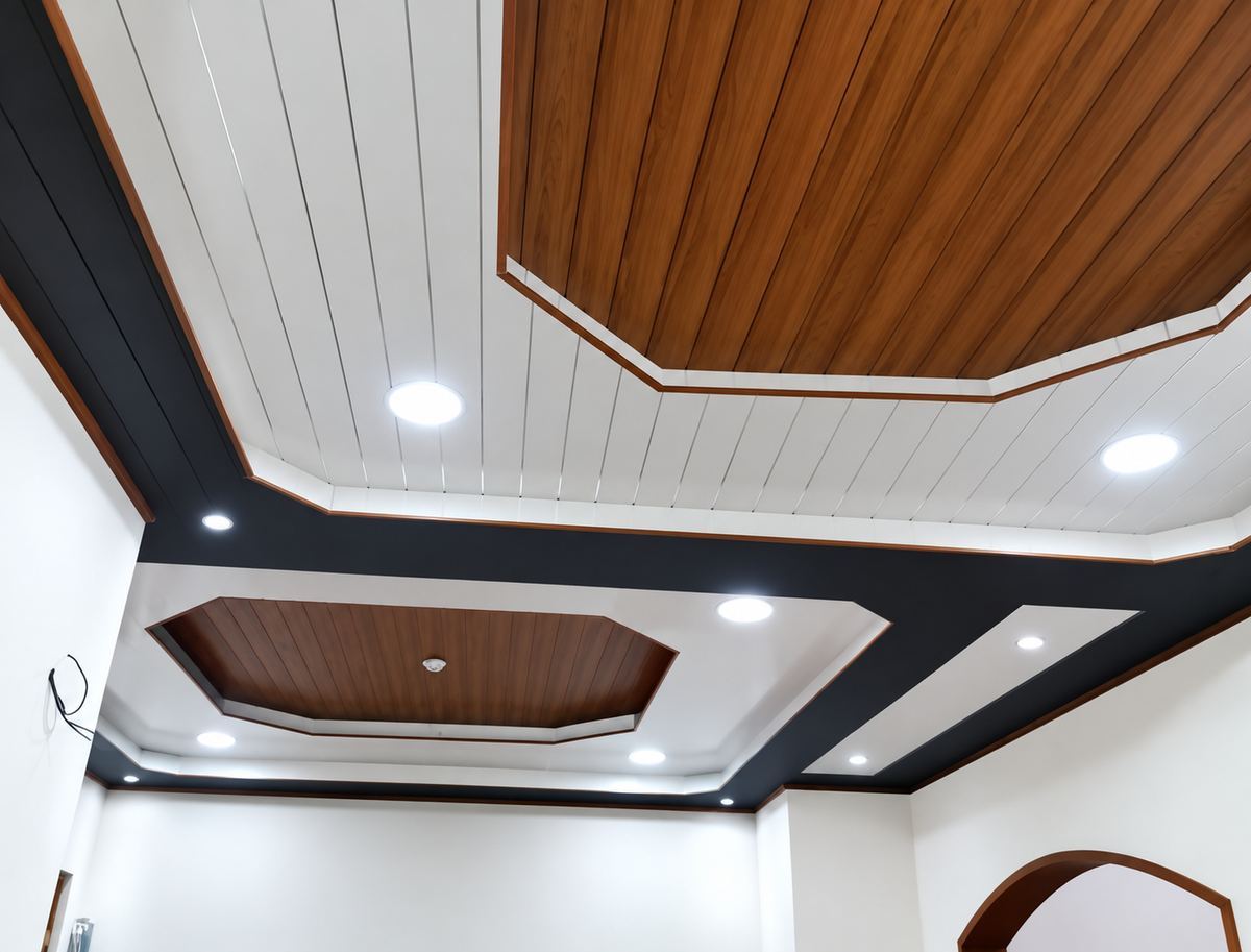 Two-tone panel ceiling with wood accent